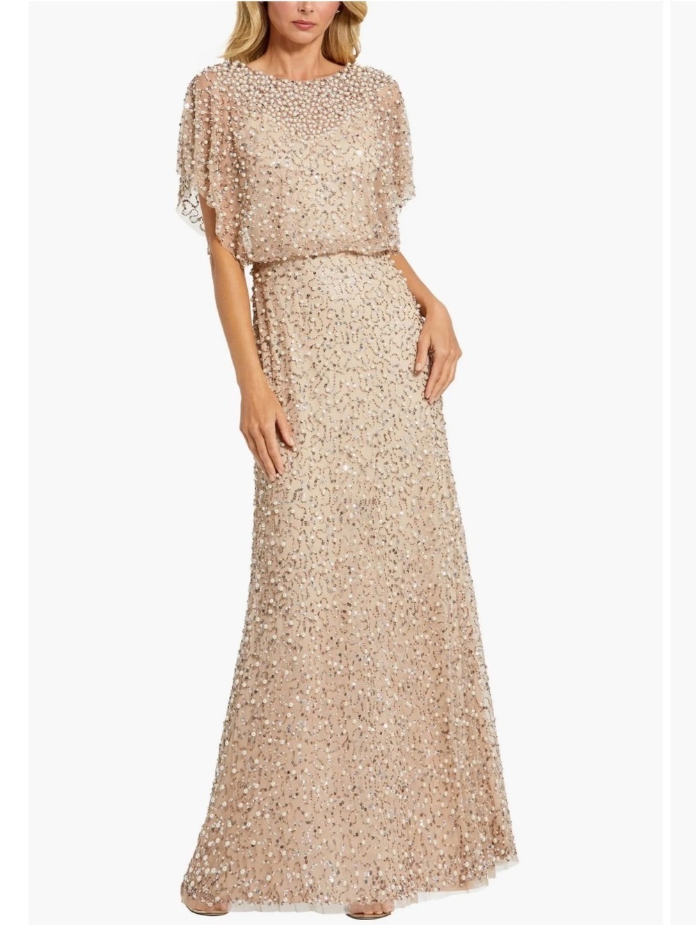 Mac Duggal Beaded Mesh Gown With Shawl Nude Gold
